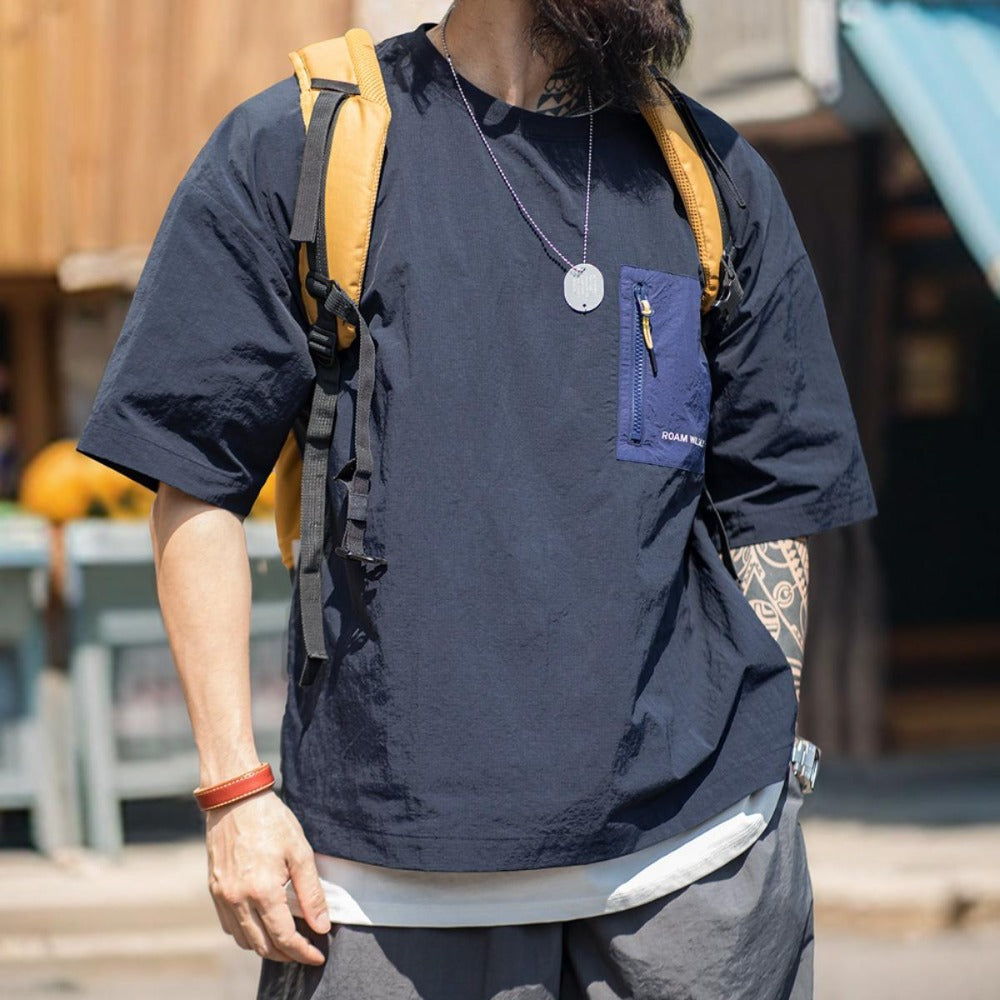 MADEN Camiseta ligera de nailon para exteriores con bolsillo parche, manga corta casual, hombro caído, transpirable, ropa masculina Uncle Fu