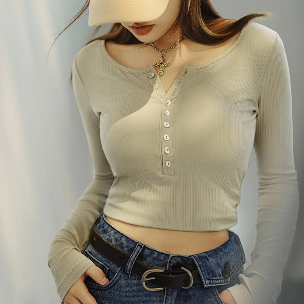 마덴 여성용 골지 헨리 탑 – 슬림 핏 긴팔 레이어링 티셔츠