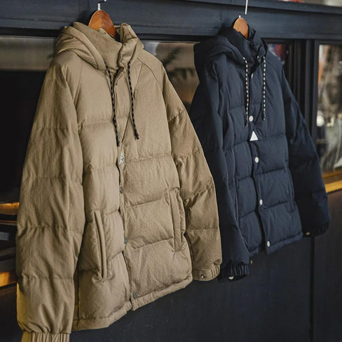 マデン キルティング 羽毛入り上着 90％白鴨羽毛 厚手 フード付き 中綿入り 男性用 高密度生地 暖かい冬用アウター