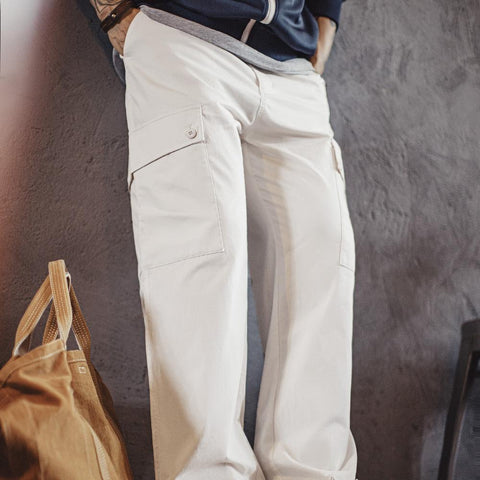 MADEN Men's White Cargo Pants Loose-Fit Straight-Leg Trousers Utility Big Pockets Design Cotton Fabric Versatile Outdoor Commutes