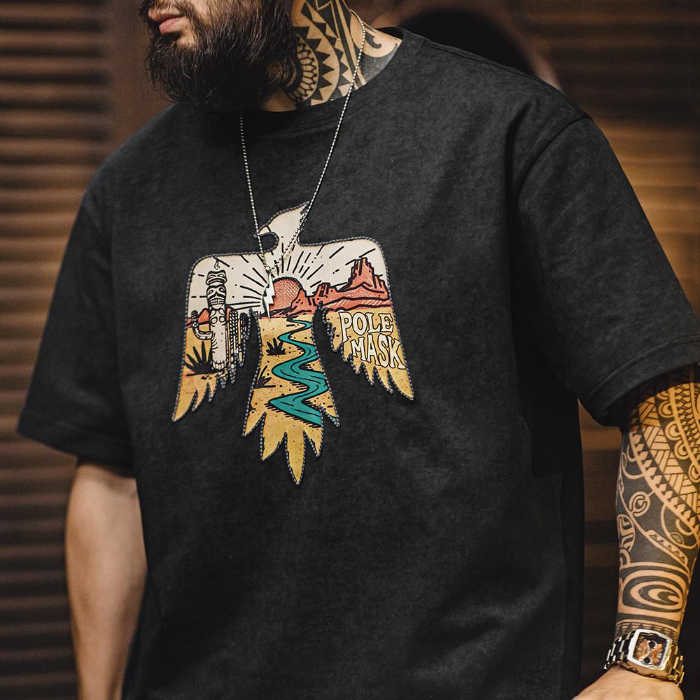 Camiseta MADEN Thunderbird con Estampado de Bordado para Hombre Algodón de Calidad Manga Corta Estilo Retro Verano Nuevo 2025
