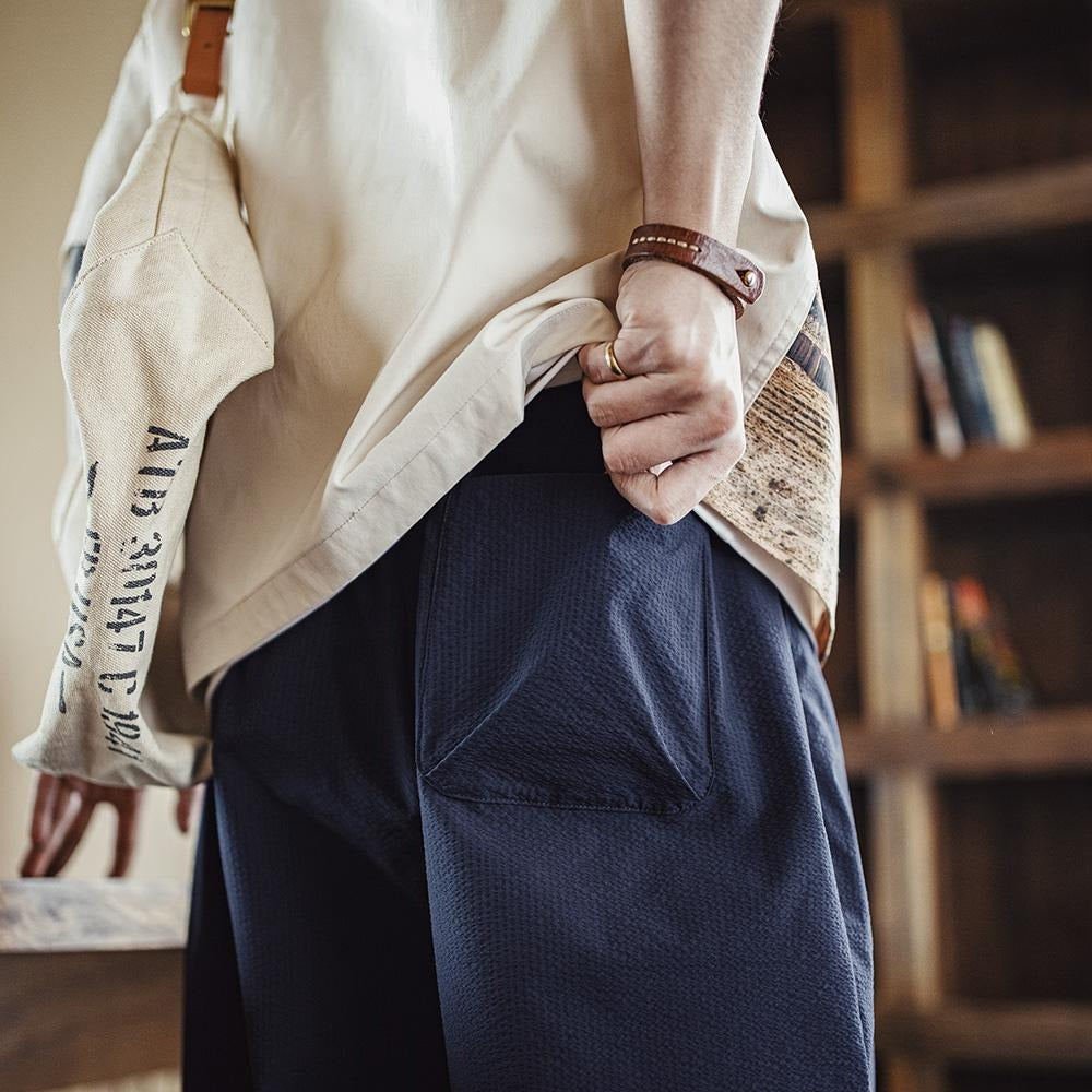 MADEN American Casual Waist Tie Seersucker Japanese Lantern Pants Men Loose Wide Leg Breathable Scimitar Pants Spring Summer