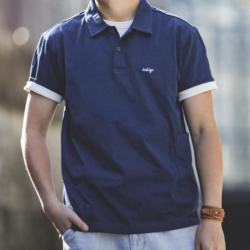 Camisas Polo de Solapa Vintage Índigo Maden para Hombre Casual 100% Algodón Camiseta con Bolsillo Azul Klein Manga Corta Camisetas de Verano
