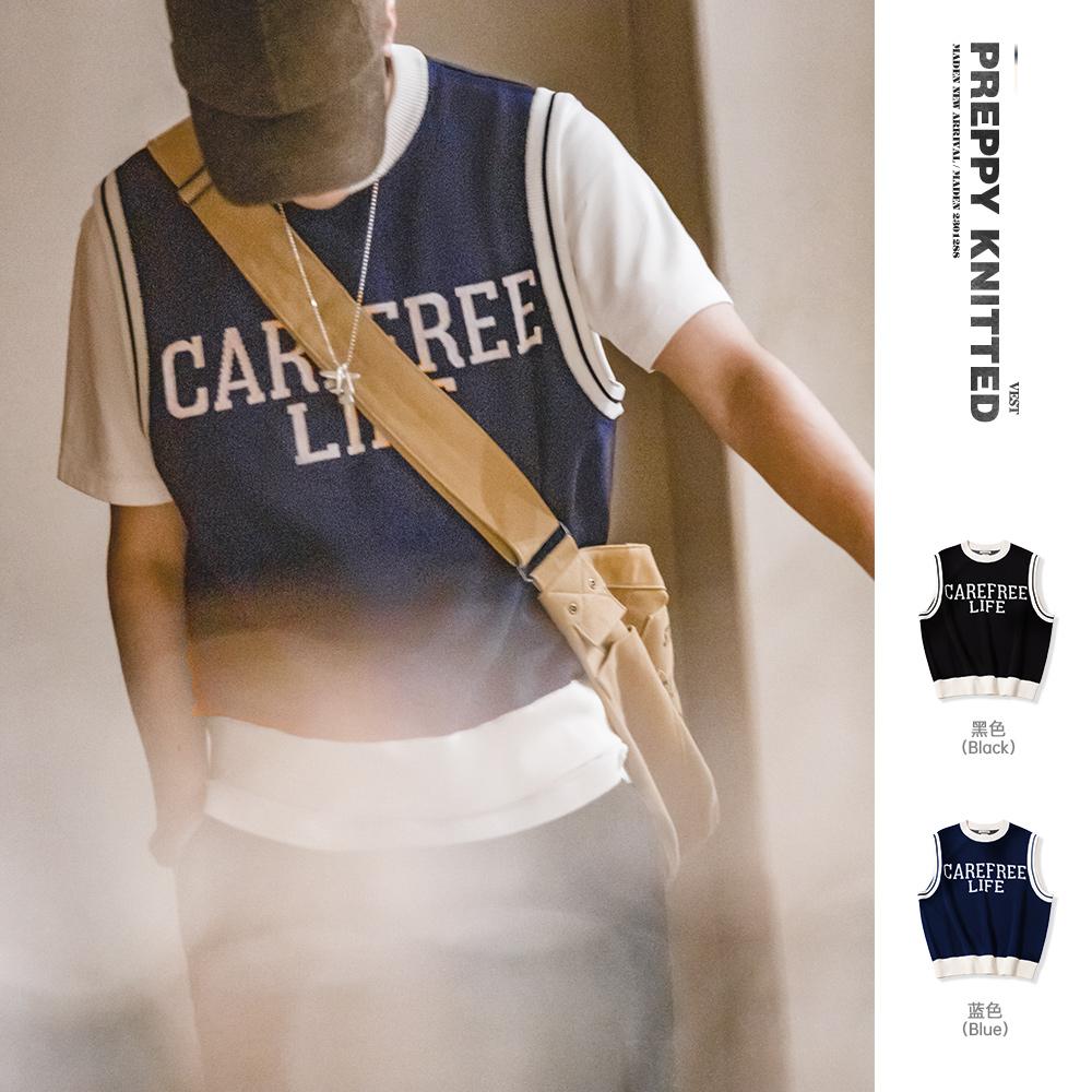 MADEN Preppy Strickweste für Herren im Ivy-Stil, lässige City-Boy-Strickweste mit Buchstabenmuster, ärmelloses Oberteil, Frühjahr 2023 