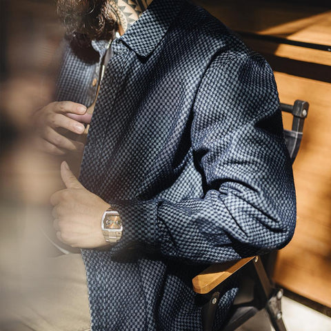 MADEN Herrenhemd mit Schachbrettmuster, lässig, Retro, langärmlig 