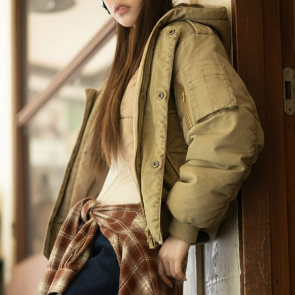 MADEN Women Hooded MA-1 Bomber Jacket Cotton Padded Short Coat Thick Warm Casual Khaki Flight Jacket Vintage Utility Style