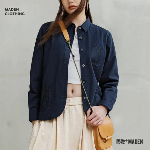 MADEN Jeanshemd mit Taschen und Patchwork-Design für Damen, langärmelige Freizeitjacke, marineblaues Baumwollhemd, Herbstblusen, Streetwear-Tops 
