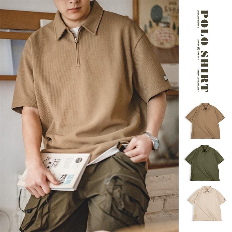 Polo gaufré MADEN pour homme, 330 g, épais, demi-zip, col à revers, manches courtes, idéal pour l'été