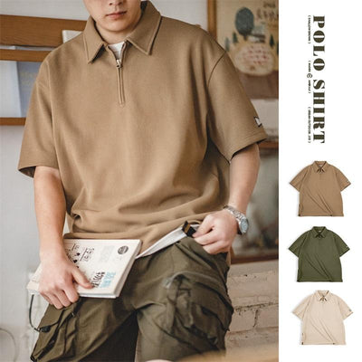 MADEN Waffle Polo Shirt for Men 330g Heavyweight Half-zip T-shirt Casual Lapel Short Sleeve Shirt Summer Tops