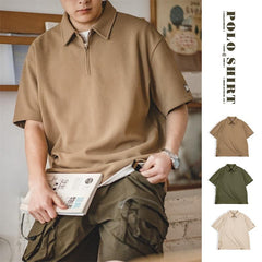 Polo gaufré MADEN pour homme, 330 g, épais, demi-zip, col à revers, manches courtes, idéal pour l'été