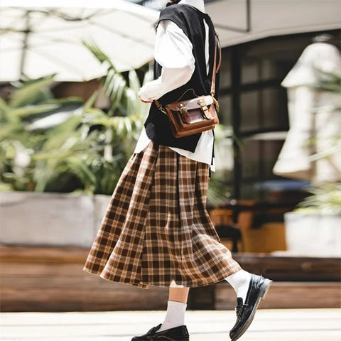 Maden Women's Plaid Skirt - Vintage Relaxed High Waist