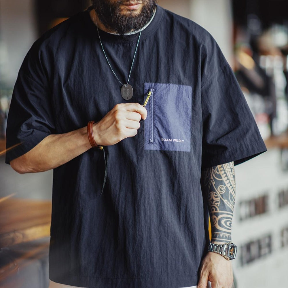 MADEN Camiseta ligera de nailon para exteriores con bolsillo parche, manga corta casual, hombro caído, transpirable, ropa masculina Uncle Fu