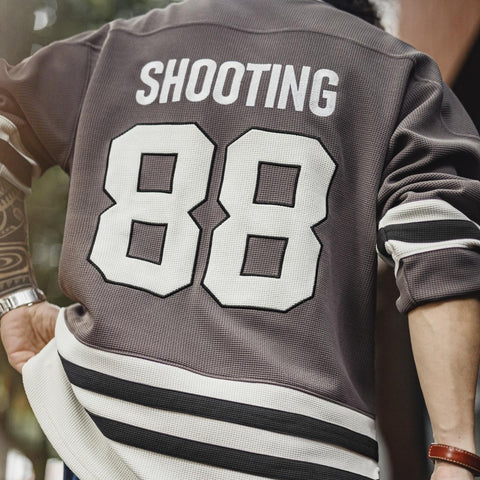 MADEN Retro Embroidered Waffle Knit Sweatshirt – Heavyweight V-Neck Long Sleeve Pullover