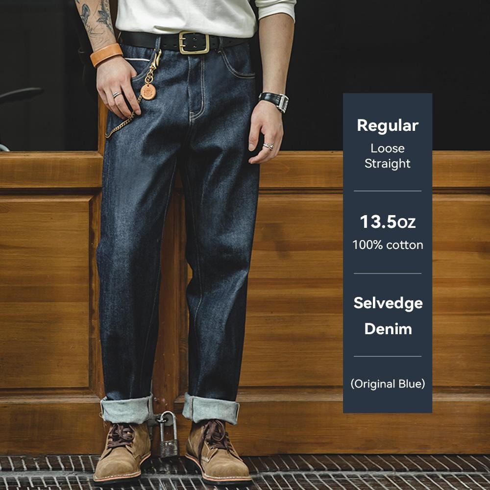 Jeans rectos de mezclilla cruda selvedge de 13.5oz para hombre MADEN