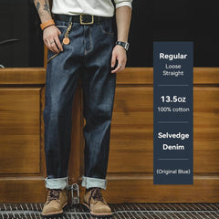 Jeans rectos de mezclilla cruda selvedge de 13.5oz para hombre MADEN