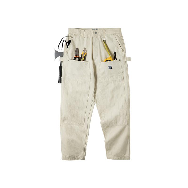 Pantalones Cargo para Hombre MADEN Vintage Blanco Lavado Recto con Múltiples Bolsillos Pantalón de Carpintero de Calle
