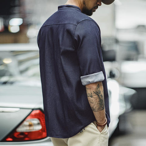 MADEN Herren American Retro Cool Eisseiden-Denimhemd, lässiges Langarmhemd, gewaschener Rundhalsausschnitt, Arbeitskleidung für den Herbst 