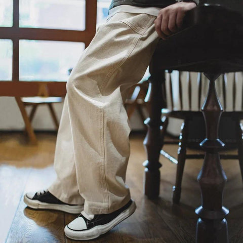 MADEN 綿実殻 米色 カジュアルジーンズ ゆったりストレート ワイドパンツ ポケット付き カーゴパンツ リラックス ストリート服