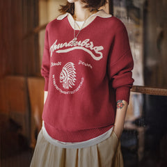 MADEN Retro Burgunderfarbener Color-Block V-Ausschnitt Pullover