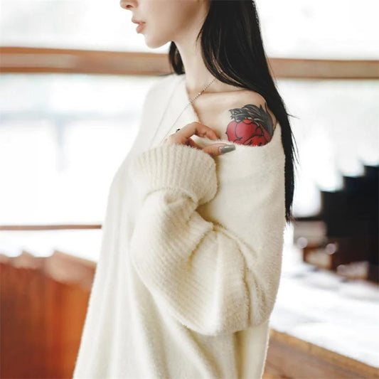 MADEN Damen Beige Weiß Kuscheliger Kaschmirpullover
