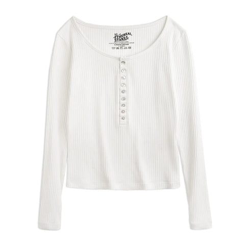 MADEN Damen-Henley-Top mit Rippstrick – Schmal geschnittenes Langarmshirt zum Drunterziehen 