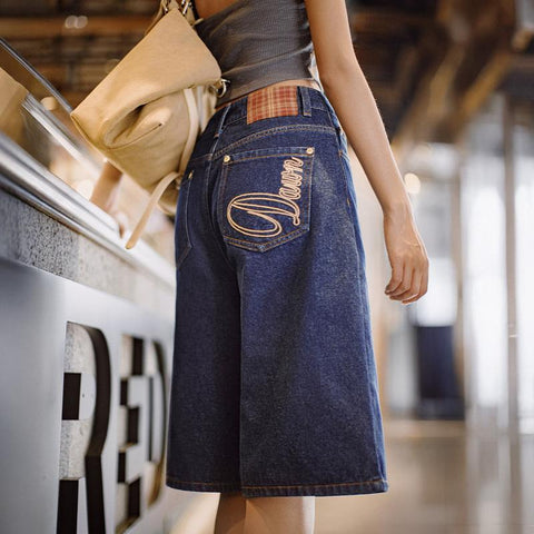 MADEN Summer Vintage Indigo Denim Culottes - New Wide-Leg Slimming Petite-Cut Mid-Length Shorts Women