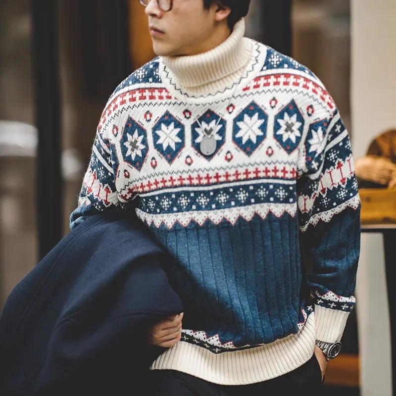 MADEN Herren Schwergewicht Baumwoll Rollkragen Schneeflocken Pullover