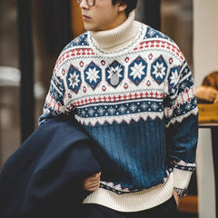 MADEN Herren Schwergewicht Baumwoll Rollkragen Schneeflocken Pullover