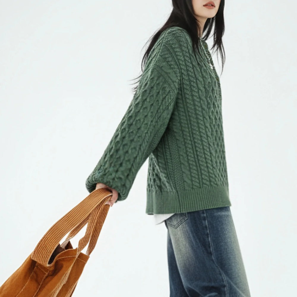 MADEN Zopfmuster Strickpullover aus Wollmischung mit Rundhalsausschnitt