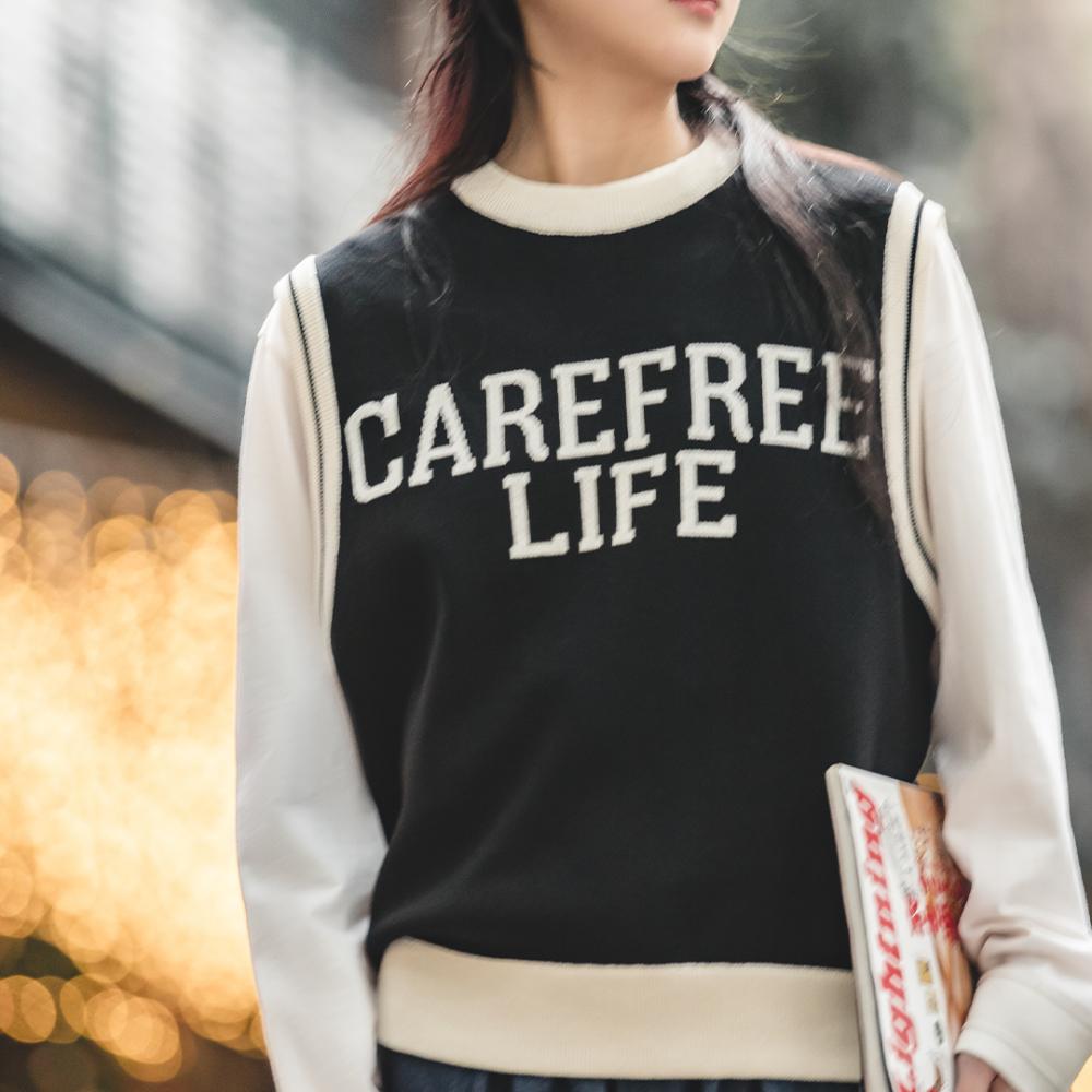 MADEN Unisex College Style Lässige Strickweste Ärmellos Schwarz Rundhals Stretch-Pullover Weste für Frühling und Herbst 
