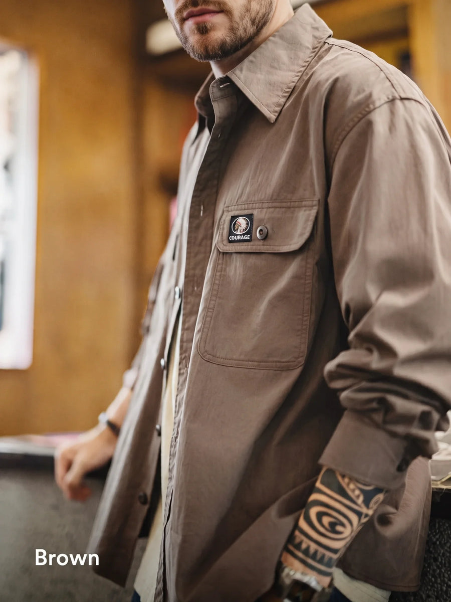 MADEN Vintage Workwear Cotton Long-Sleeve Casual Shirt