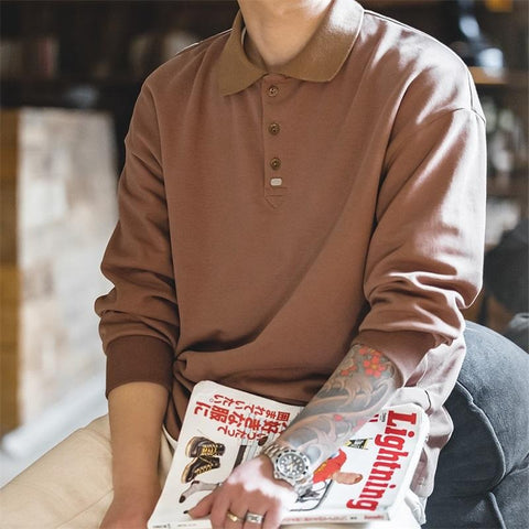 MADEN Retro Long Sleeve Polo – Classic Solid Color Tee