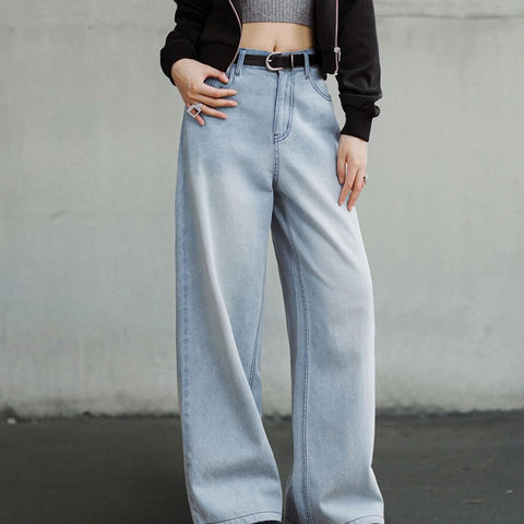 MADEN Vintage Washed Blue Wide Leg Jeans for Women Loose Do Old Straight Leg Pants 10 OZ Cotton Breathable Lightweight Trousers