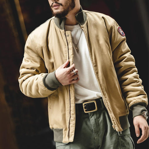 MADEN Men’s Brown Flight Bomber Jackets Vintage Pilot Aviator Monocycle Jacket Slim Fit With Patches Stand Collar
