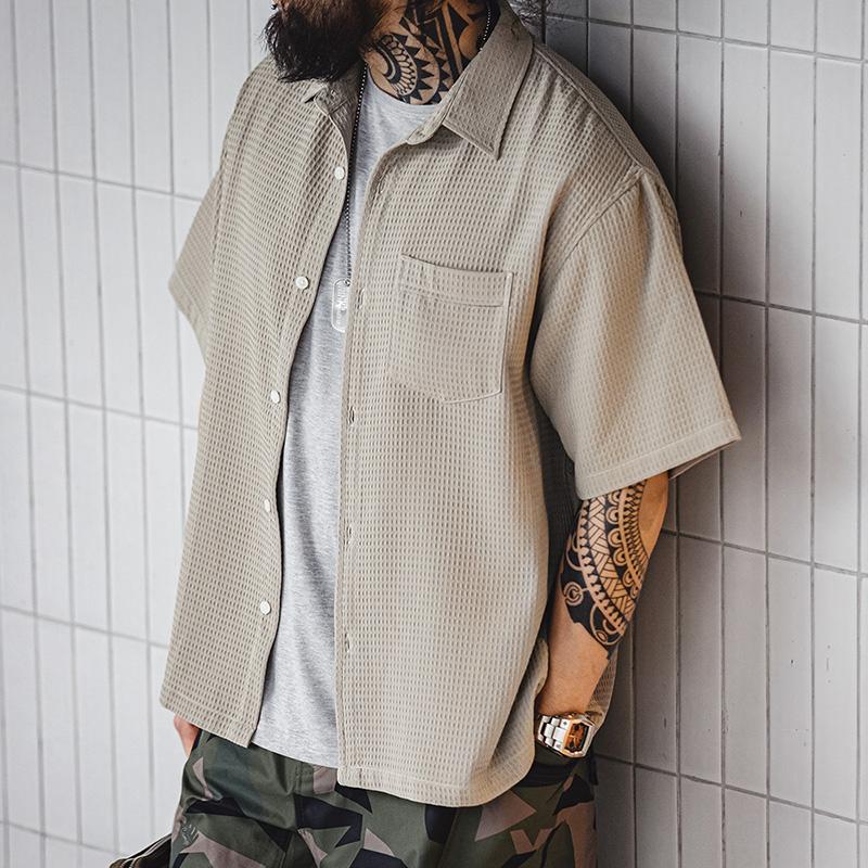 MADEN Men's Heavyweight Waffle Knit Short-Sleeve Button-Down Shirt
