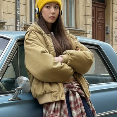 MADEN Women Hooded MA-1 Bomber Jacket Cotton Padded Short Coat Thick Warm Casual Khaki Flight Jacket Vintage Utility Style