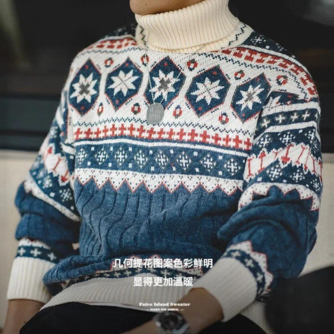Maden Turtleneck Snowflake Sweater Winter Thick Faire Island Knit Pullovers Retro Casual Menswear