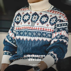 MADEN Herren Schwergewicht Baumwoll Rollkragen Schneeflocken Pullover