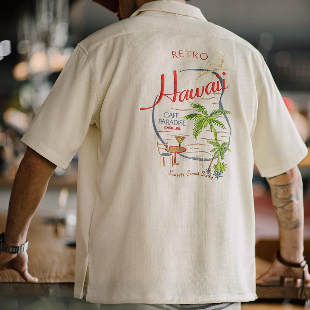 MADEN Retro Hawaiian Embroidery Cuban Collar Shirt