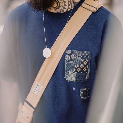 MADEN Casual T-shirt Men Vintage Indigo Plant-Based Blue Dye Cotton 100% Tee Patchwork Pockets Uncle Fu Original Design
