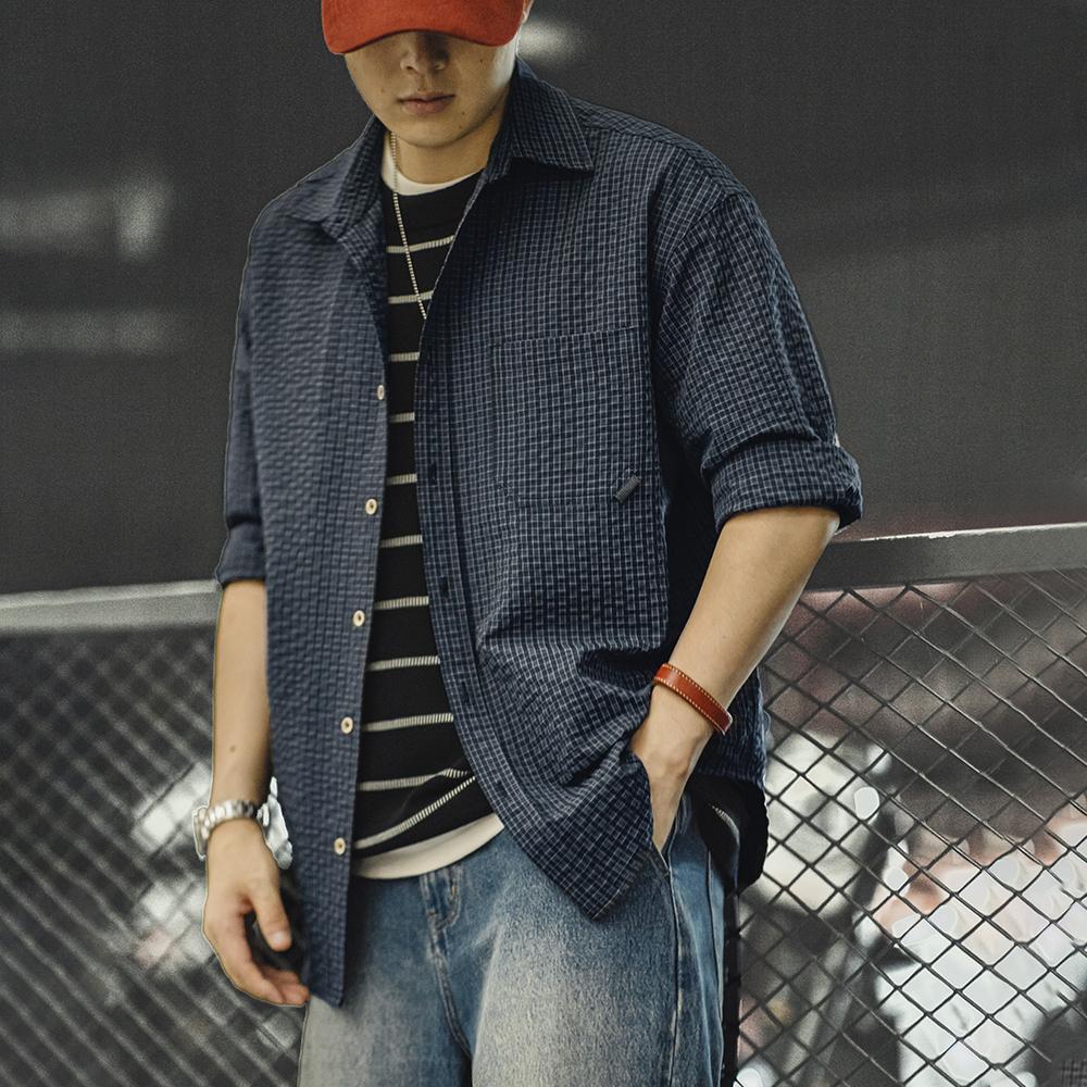 MADEN Retro Patchwork Seersucker Long Sleeve Shirt