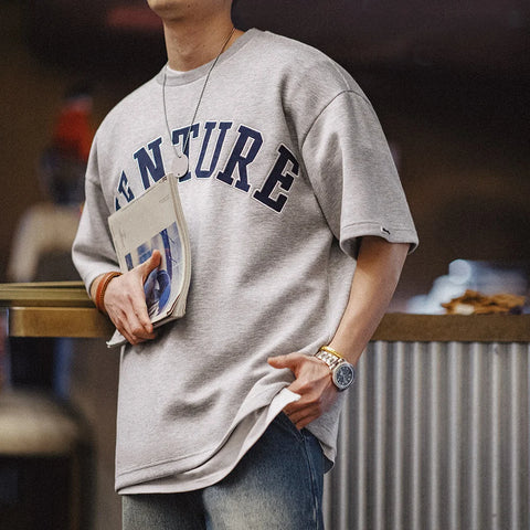 MADEN New Retro Layer Letter Embroidery T-shirt Loose 320g/m² Heavyweight Round Neck Short-sleeved for Men's Summer