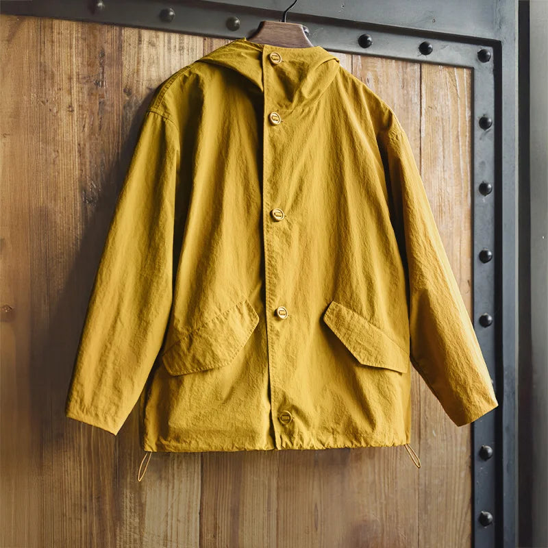 Chaqueta cortavientos con capucha para mujer MADEN Amarilla de corte holgado Abrigo casual para exteriores Ligera Impermeable de un solo pecho
