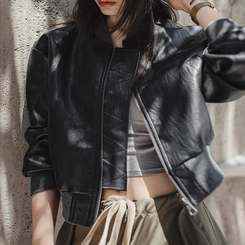 MADEN Women’s Moto Biker Jacket Faux Leather Short Zipper Coat Retro Streetwear Autumn Fashion Female Outerwear