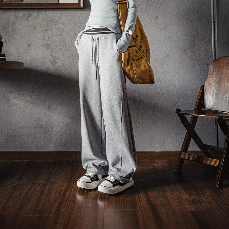 MADEN Damen-Jogginghose mit elastischem Bund, Baumwolle, Preppy-Stil, weites Bein, Kordelzug, lässige Herbsthose 