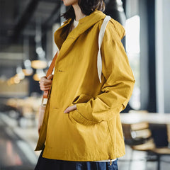 Chaqueta cortavientos con capucha para mujer MADEN Amarilla de corte holgado Abrigo casual para exteriores Ligera Impermeable de un solo pecho