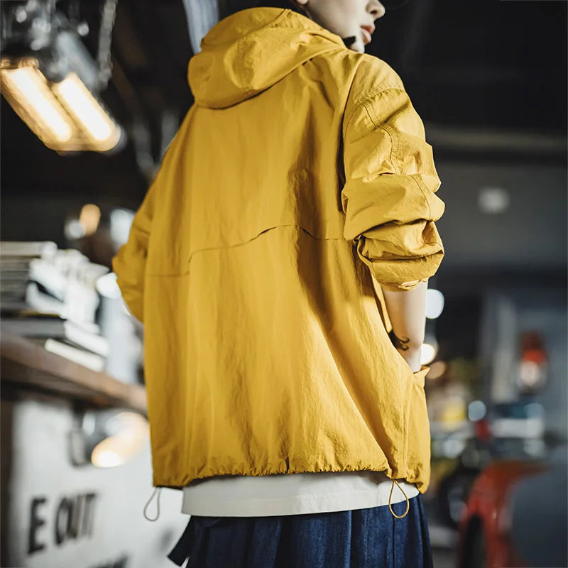 Chaqueta cortavientos con capucha para mujer MADEN Amarilla de corte holgado Abrigo casual para exteriores Ligera Impermeable de un solo pecho