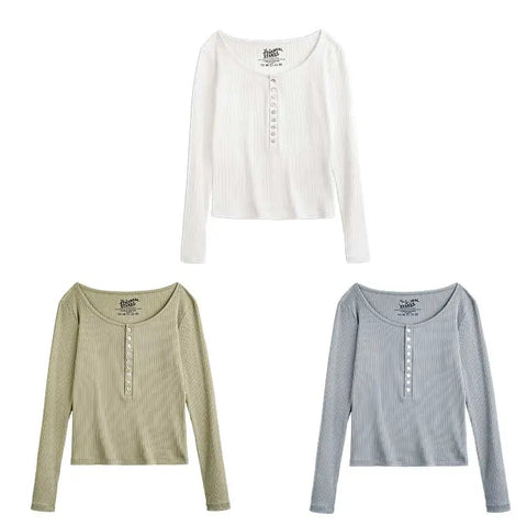 MADEN Damen-Henley-Top mit Rippstrick – Schmal geschnittenes Langarmshirt zum Drunterziehen 