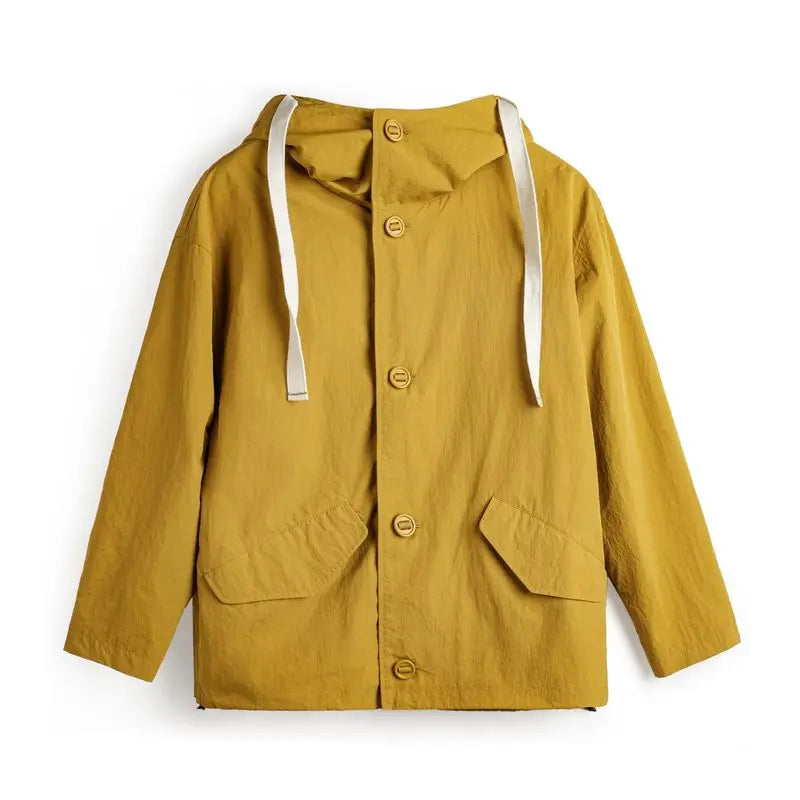 Chaqueta cortavientos con capucha para mujer MADEN Amarilla de corte holgado Abrigo casual para exteriores Ligera Impermeable de un solo pecho