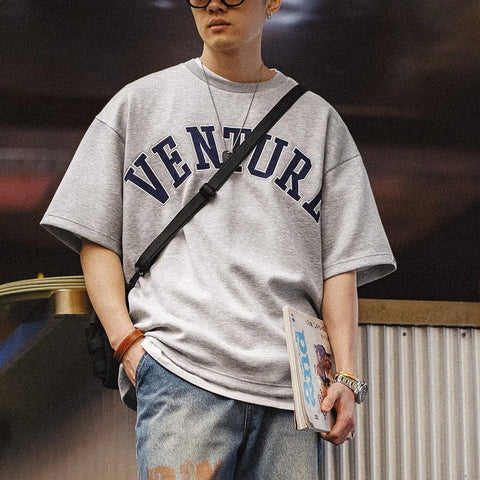 MADEN New Retro Layer Letter Embroidery T-shirt Loose 320g/m² Heavyweight Round Neck Short-sleeved for Men's Summer